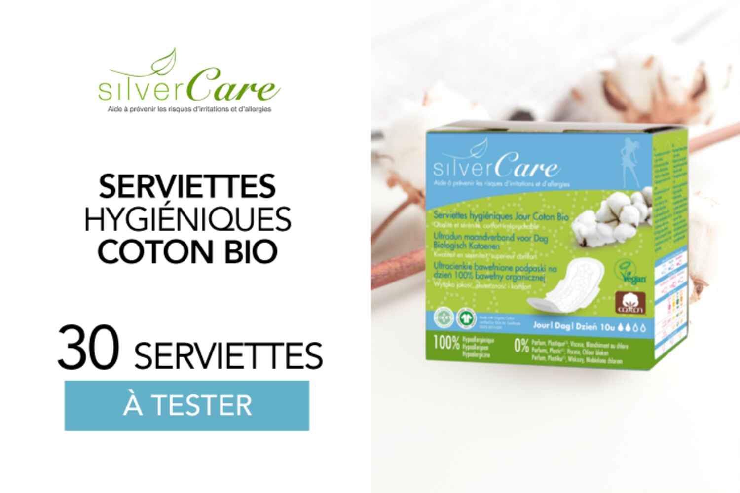 30 Serviettes hygiéniques jour en coton bio Silvercare