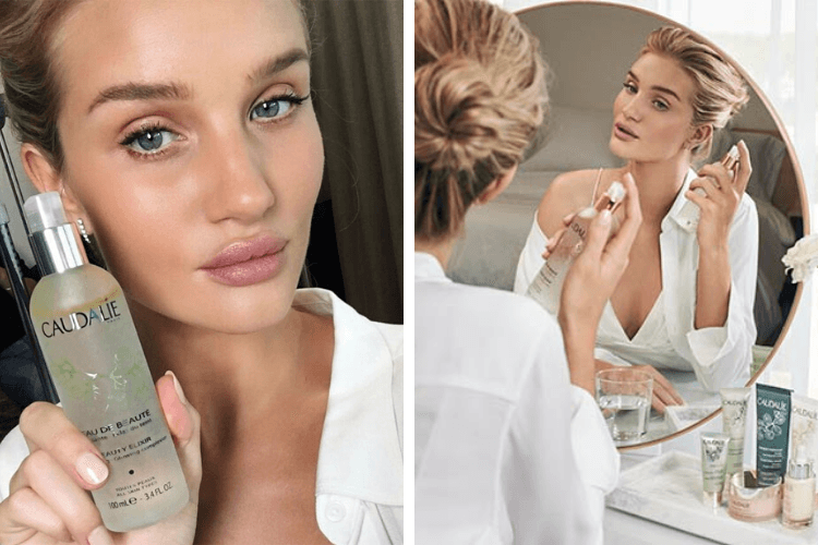 Rosie Huntington-Whiteley utilisant l'Eau de beauté Caudalie